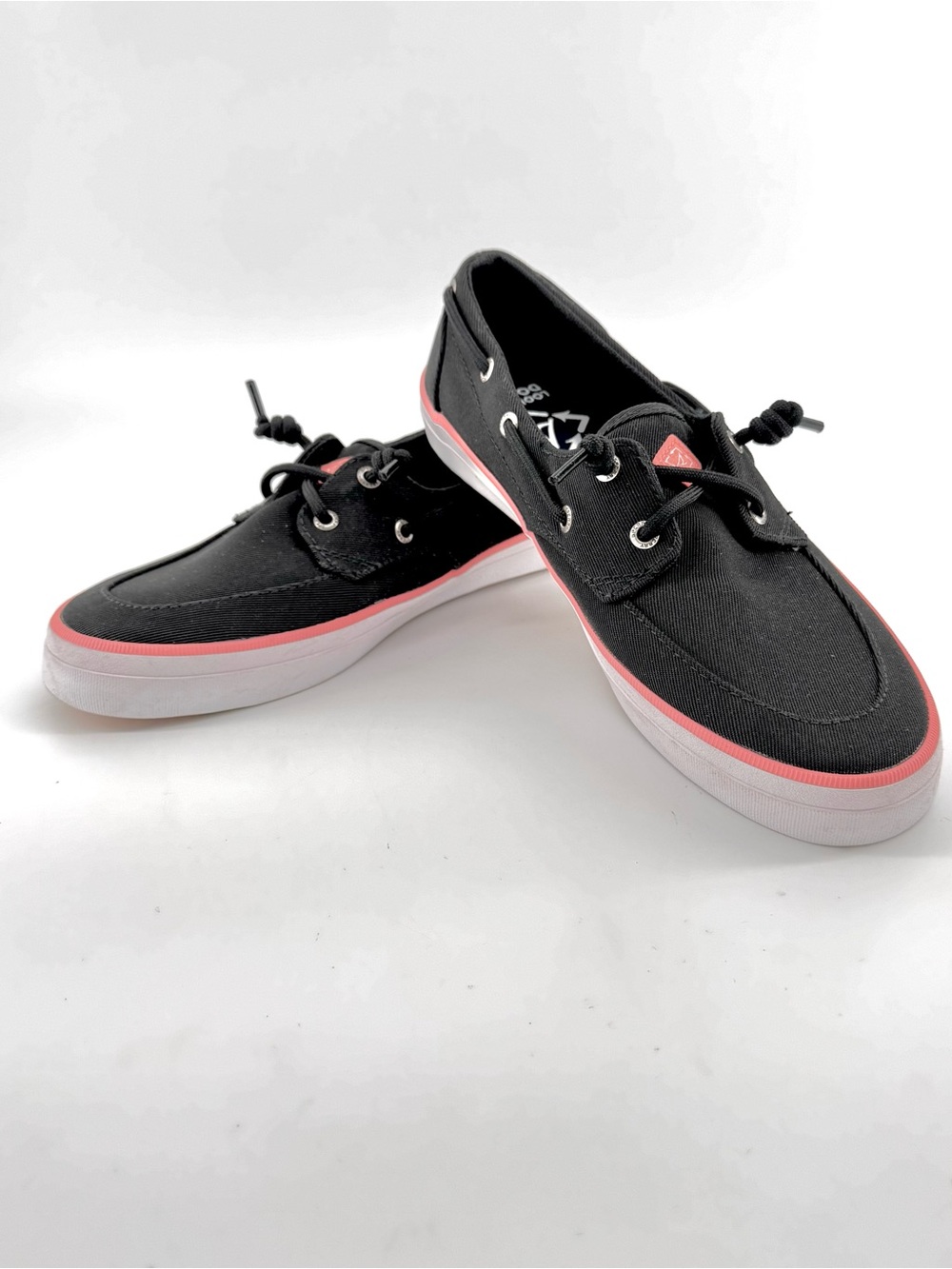 Sperry Black Canvas Boat Shoes with Pink Trim